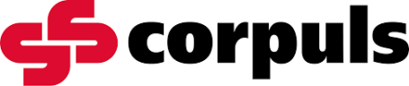 Logo von Corpuls in rot und schwarz mit stilisierter Buchstaben-Grafik.